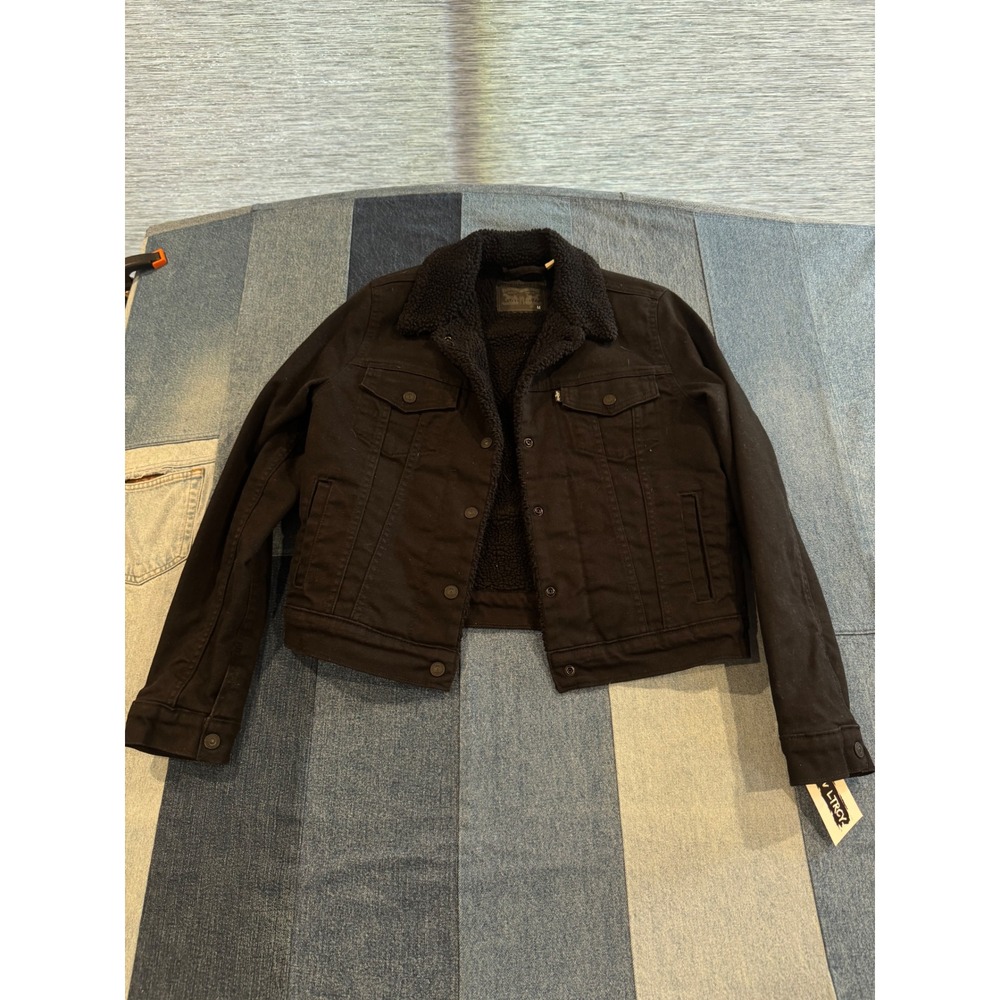 Levis‎ Sherpa Lined Trucker Jacket Black Denim Coat Size M Medium
